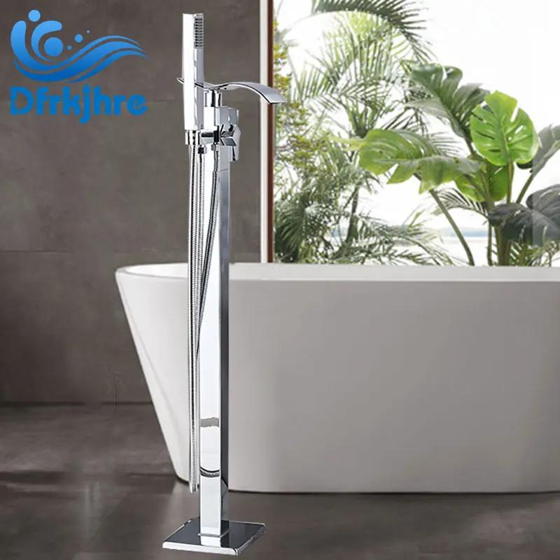 

Bathtub Floor Stand Faucet Waterfall Chrome Nickel Spout Bathtub Faucet Single Handle Mixer TapWith ABS Handshower Bath Mixer