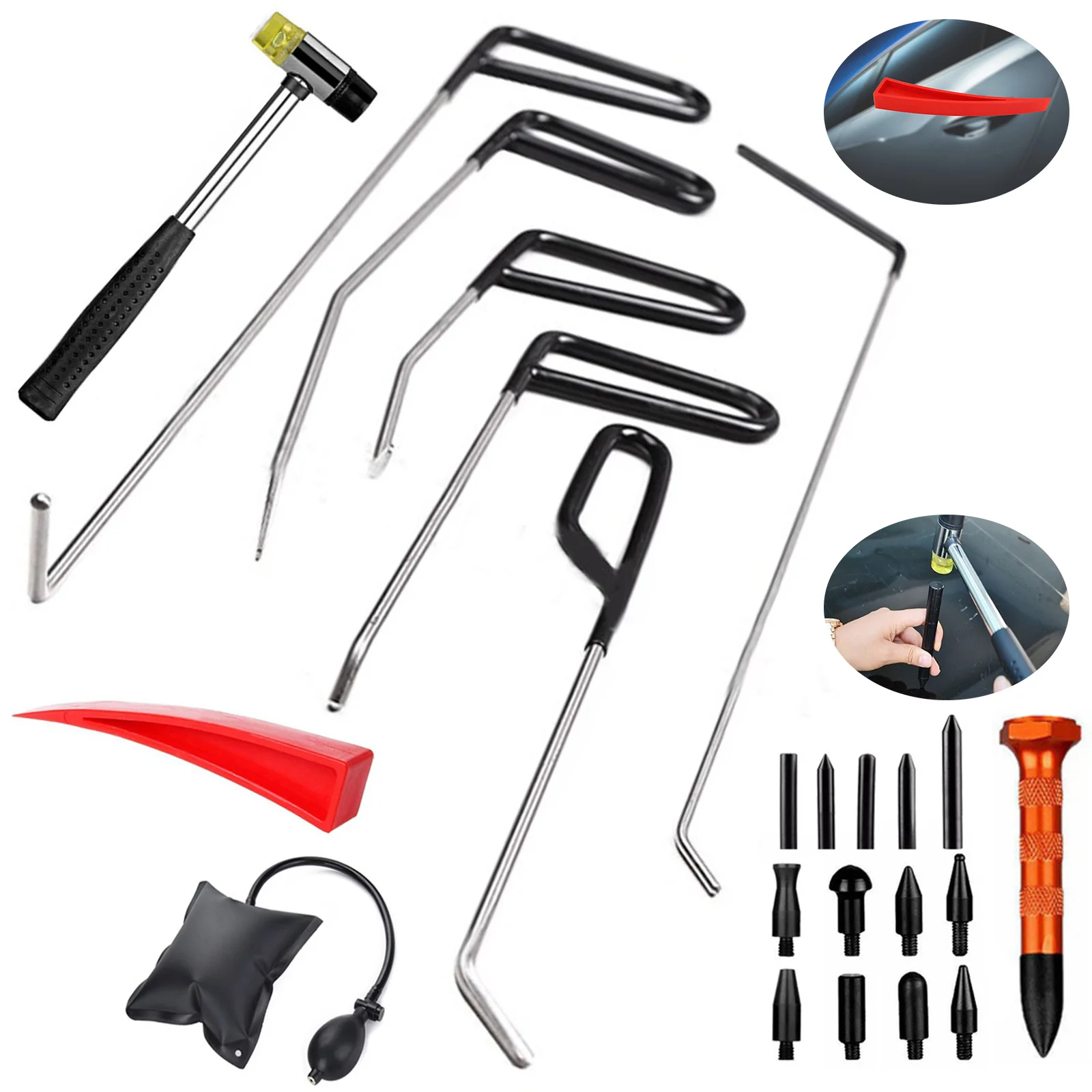

Car Dent Tools Removal Kit Auto Body Repair Rods for Hail Damage Door Dings Car Automotive Paintless Remover Tool Hooks Hammer