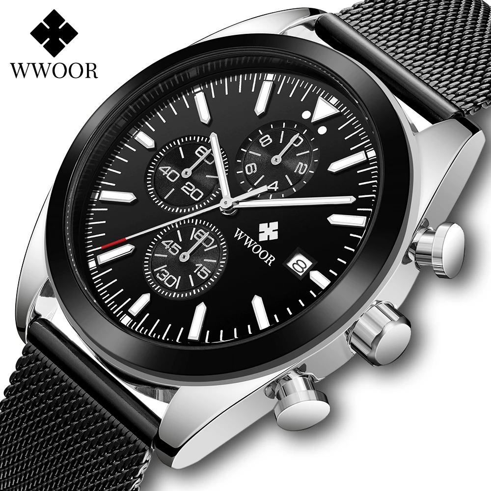 2021 WWOOR Design Fashion Mens Quartz Watch Top Brand Luxury Sports Wristwatches Casual Black Steel Mesh Waterproof Reloj Hombre