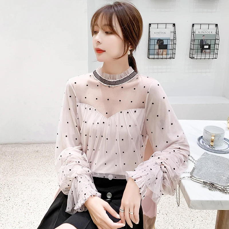COIGARSAM Casual Patchwork blouse women New Spring Polka Dot Chiffon Loose Mesh blusas womens tops and blouses Pink 8777 | Женская