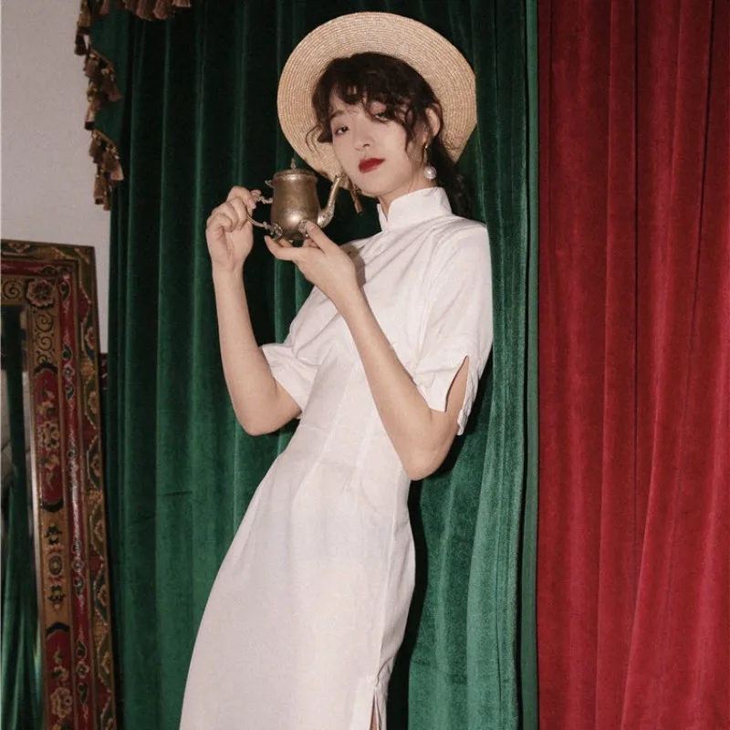

Spring and Summer Black and White Retro Simple Waistband Cheongsam Mock Neck Dress Slim Women's New Medium Long Sleeve Dress