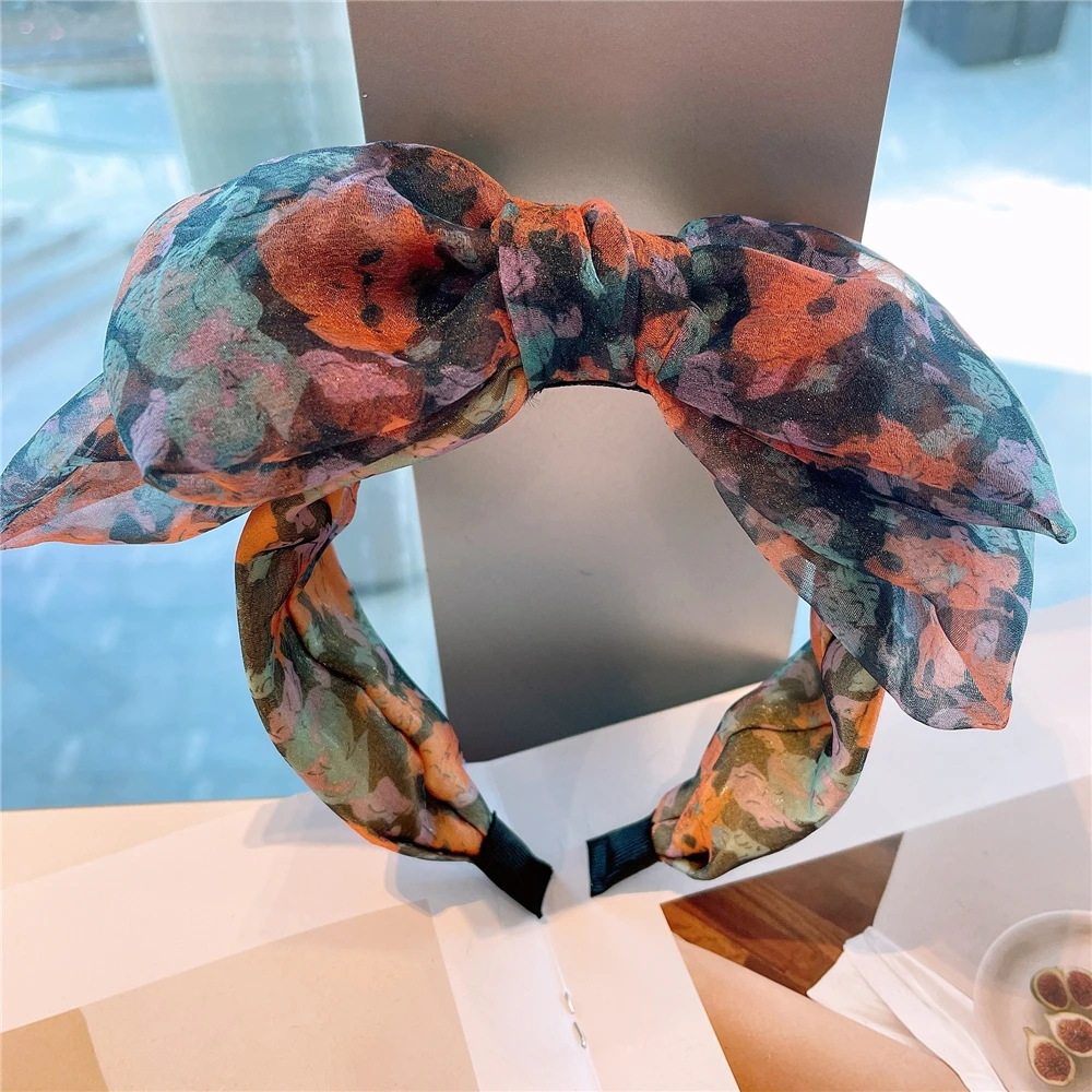 

2021 Geometric Wide Headband Press Hair Korean Organza Flower Big Bow Ethnic Cute Colorful Yarn Hairband