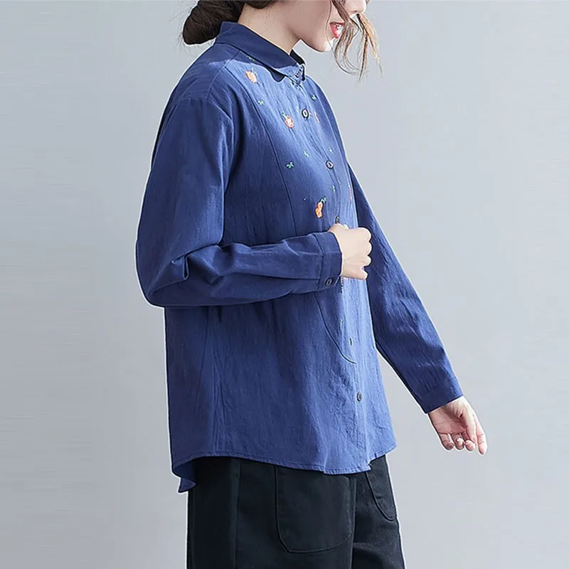 

Women Cotton Linen Long Sleeve Shirts New Arrival 2021 Spring Free Style Vintage Embroidery Loose Female Casual Tops S3730