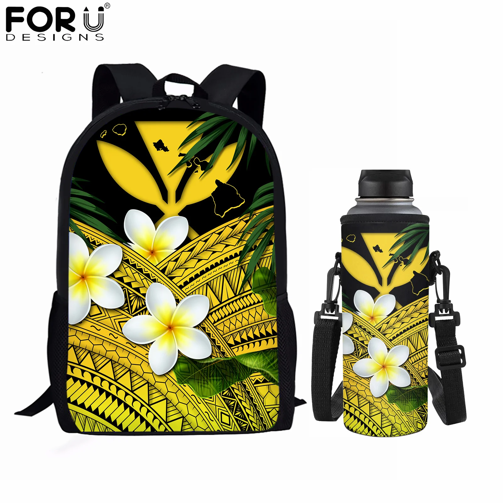

FORUDESIGNS Гавайская Полинезия Плюмерия дизайн большая школьная сумка Мода 2 шт. школьный рюкзак Регулируемый ремень бутылка крышка ранец