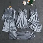 Пижама женская атласная, комплект из 5 предметов, кружевная ночная рубашка в стиле пэчворк для свадьбы, вискозный домашний костюм