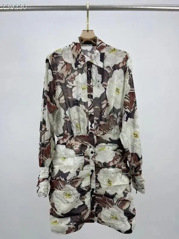 

Fyion Autumn Sicily Mini Dress For Women 2021 Runway Fashion Flower Print Long Sleeves Single Breasted Party Holiday Dress