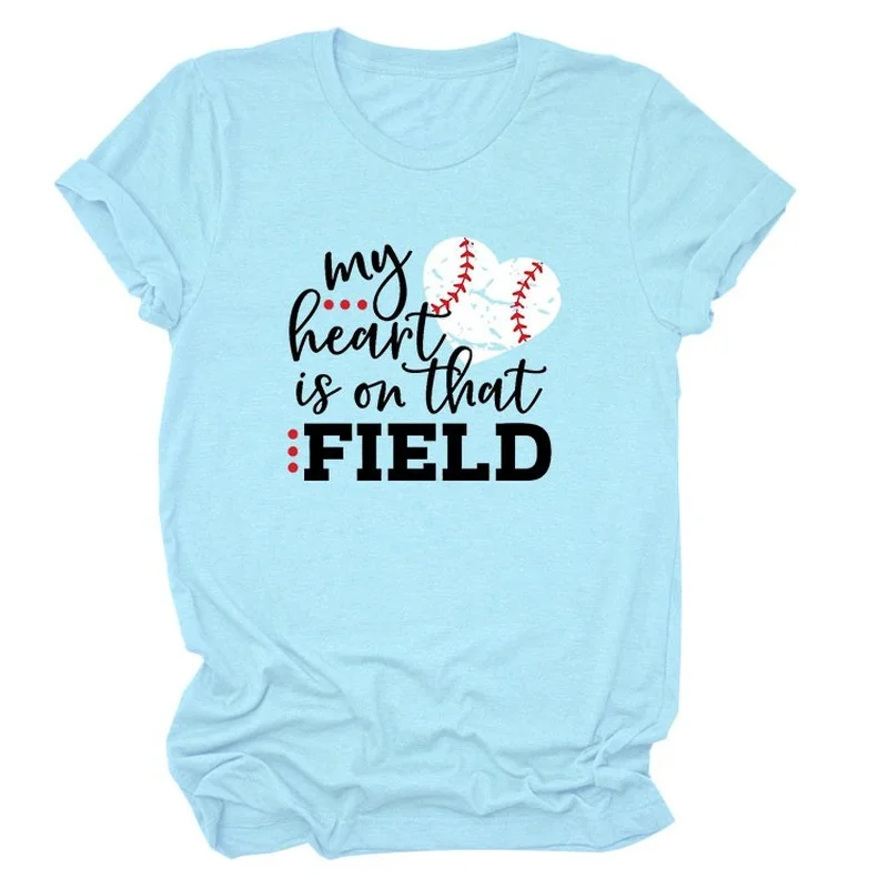 

Women T Shirt Baseball Heart Field Print Tee Shirt Short Sleeve Crew Neck Loose Casual TShirt Ladies Tops Camisetas Mujer