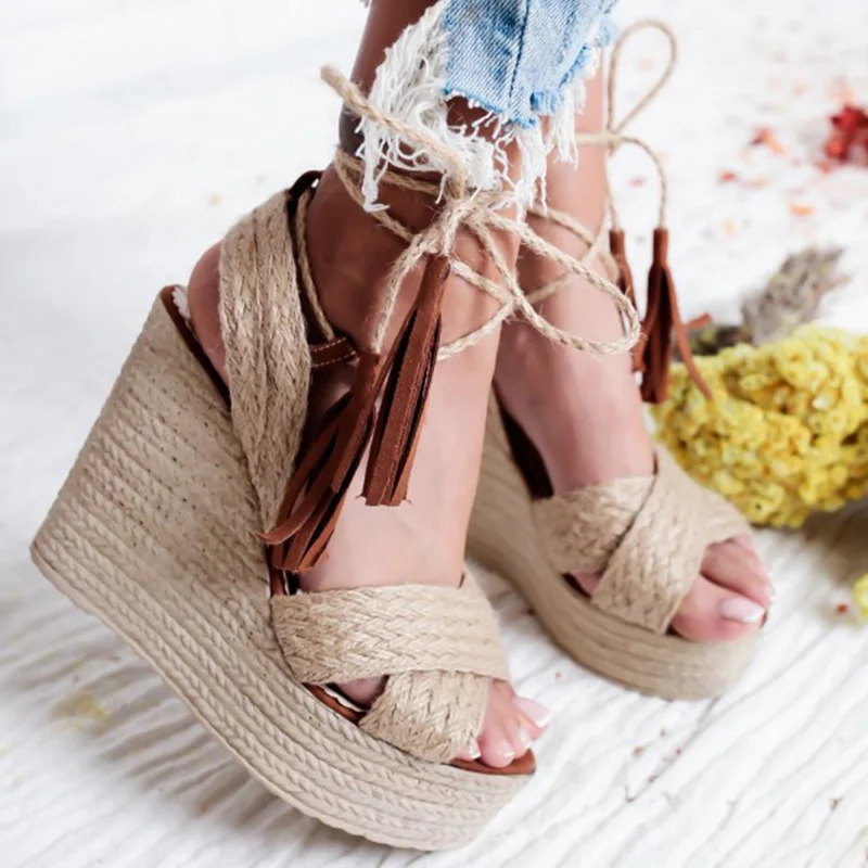 Женские босоножки на танкетке Женская обувь в римском стиле из пеньковой ткани с