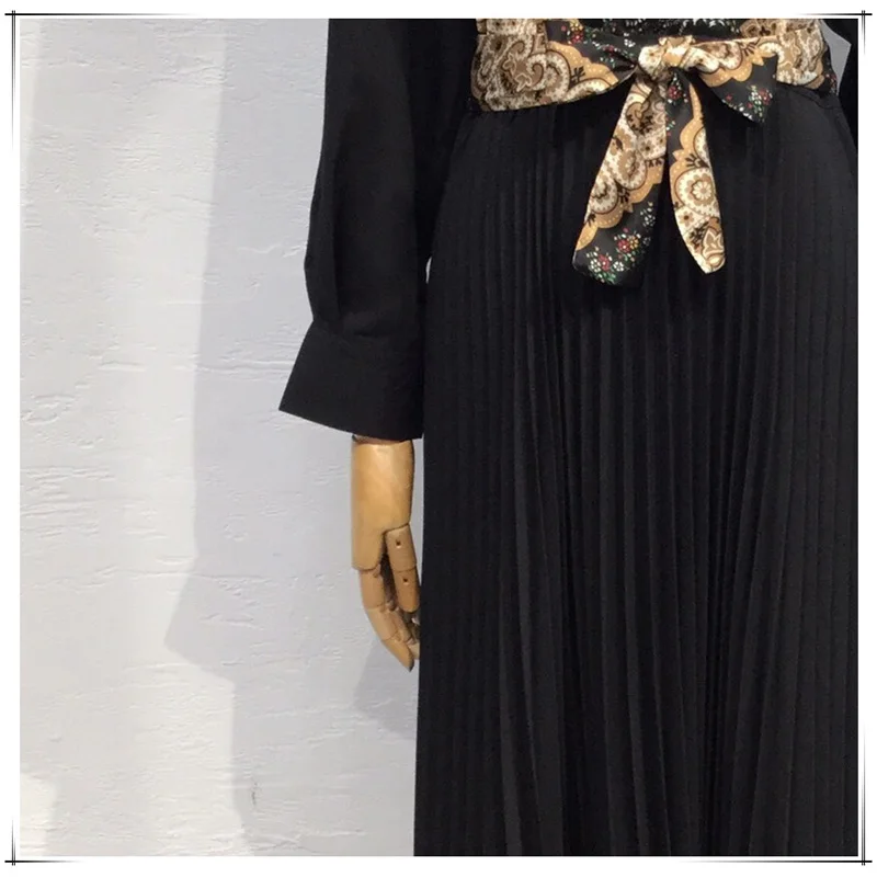 Robe Longue Plissee femme Col классическое черное миди-платье женское Плиссированное с