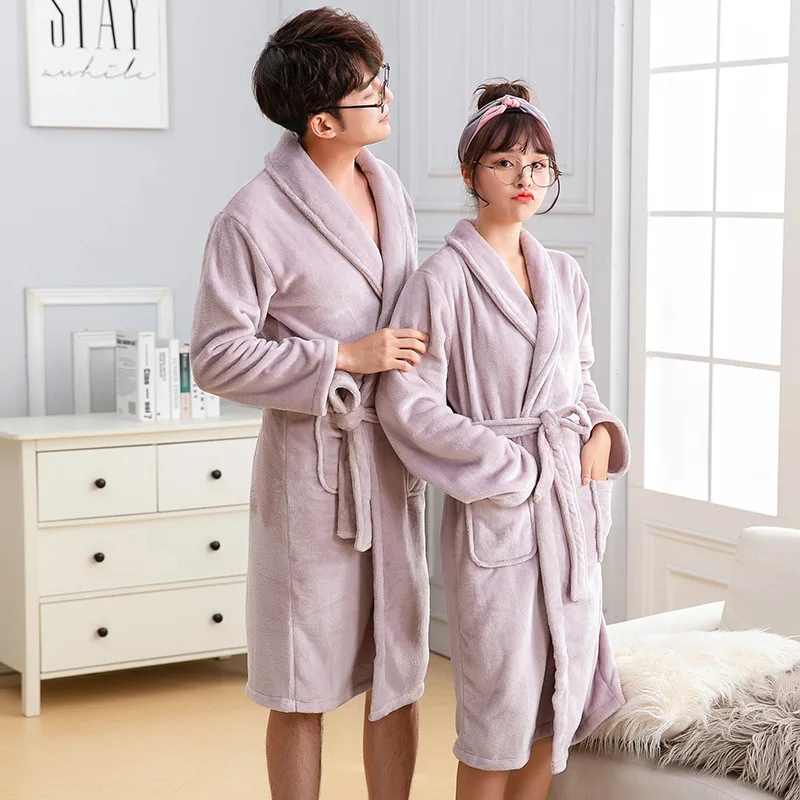 Couple Lounge Kimono Gown Coral Fleece Warm Robe Bathrobe Winter Casual Home Clothing Women Soft Flannel Nightgown Sleepwear