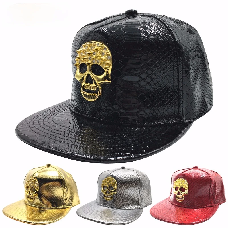 

2021 New Adjustable Skull Crocodile Pattern Baseball Hat Cross Border Outdoor Flat Rim Leather Hip Hop Cap PU Point Diamond