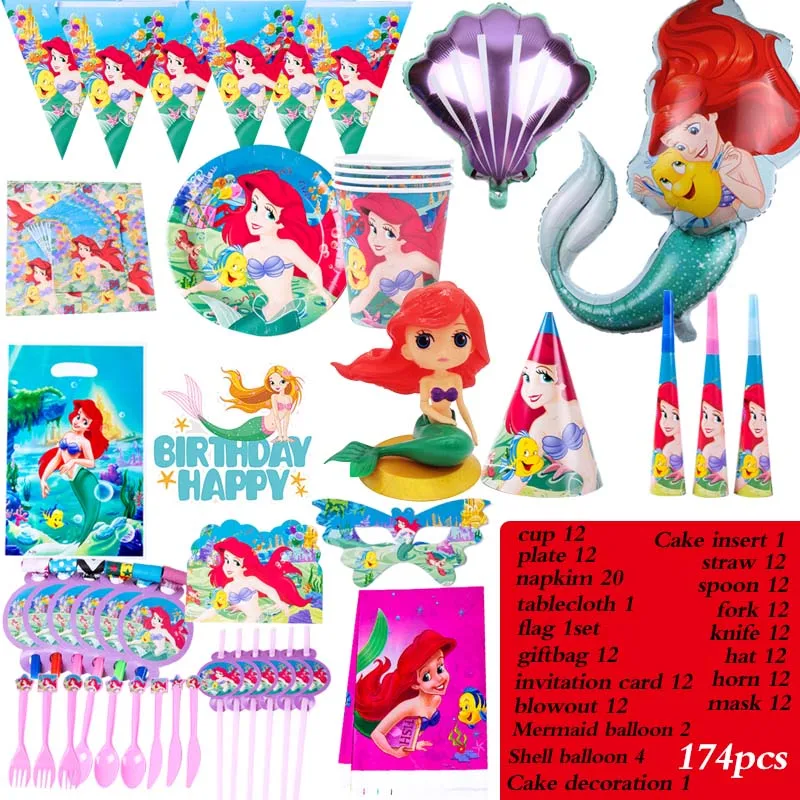 

91/174pcs Mermaid Ariel Party Supplies Disposable Tableware Flag Straw Plate Girl Faovr Baby Shower Birthday Party Decoration