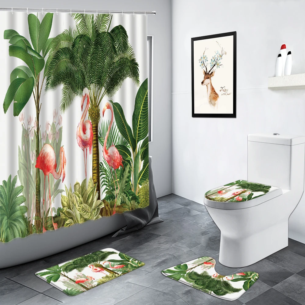 

Tropical Plants Flamingo Shower Curtain Green Leaves Palm Trees Leopard Zebra Toucan Animals Bathroom Non-slip Rug Bath Mats Set