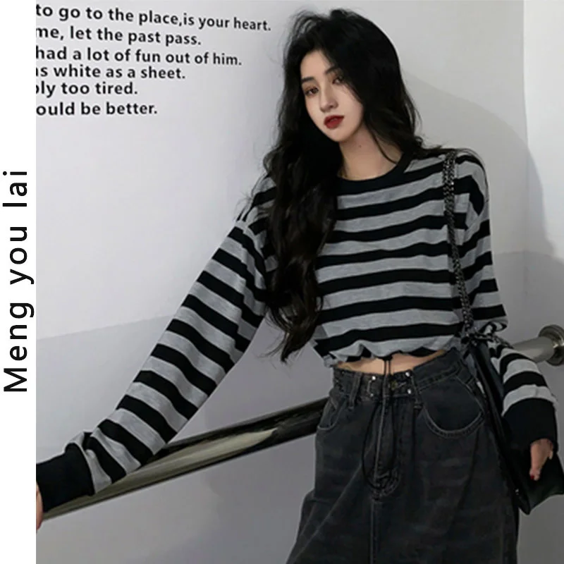 

Ранняя нишевая стройнящая шикарная блузка, рубашка в западном стиле, женская футболка с коротким полосатым длинным рукавом в стиле Instagram