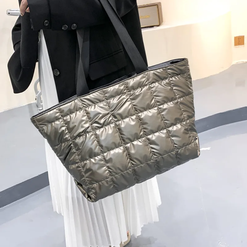 

Down Feather Pad Women Shoulder Bag Big Tote Bags Female Plaid Quilted Shopper Bag Winter New Large Space Cotton Ladies Handbag