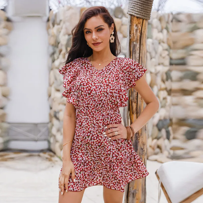 

2021 summer new fashion butterfly sleeve flower dress women's casual Ruffle V-neck high waist slim print women's wear