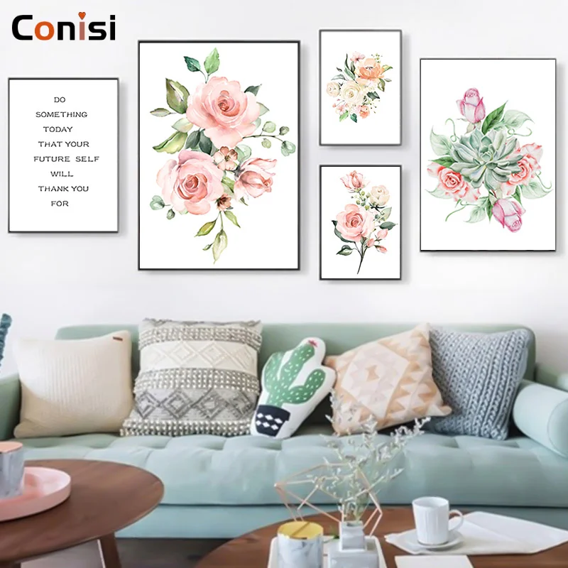 

Conisi Canvas Painting Wall Art Blush Pink and Mint Floral Pictures Art Print Posters for Girls Wall Pictures for Livingroom