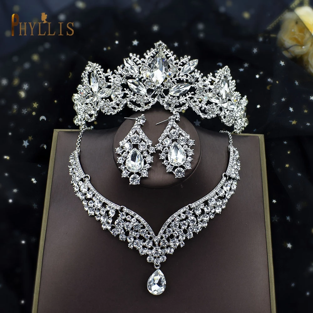 

A102 High Quality Wedding Bridal Jewelry Sets Women's Classic Wedding Jewelry Set 3PCS Three-piece Crown Necklace Earring Set