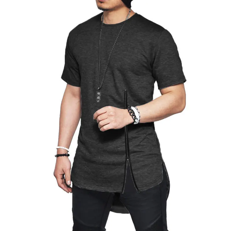 Streetwear Fashion Slim Summer Asymmetrical Men Short Sleeve zipper tshirt Hip-Hop Curved hem Cotton Men's T-Shirts 2XL | Мужская