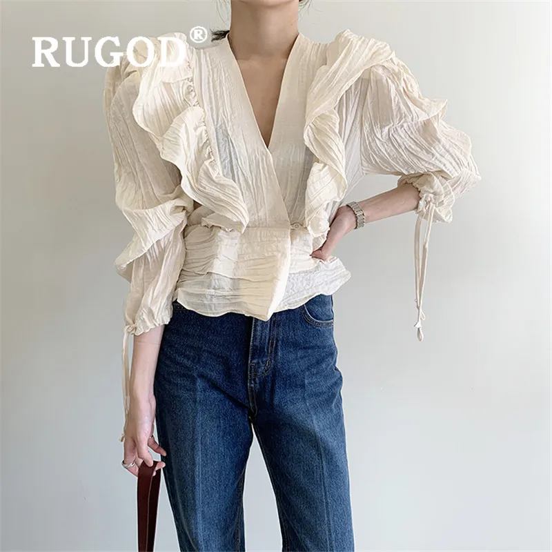 RUGOD корейская мода блузки v образным вырезом однотонная женская рубашка с длинным