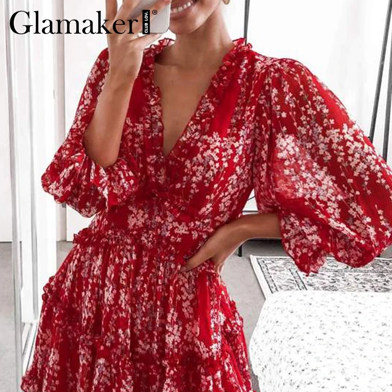 Glamaker, сексуальное платье с принтом, с рюшами, для женщин, Осенние, вечерние, короткое, элегантное платье, зима, фонарь, рукав, v-образный вырез, бодикон, платье с цветочным рисунком