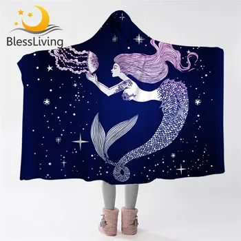 Blessliving Mermaid Hooded Blanket for Girls Blue Microfiber Sherpa Fleece Galaxy Wearable Throw Blanket Marine Creature Bedding 1