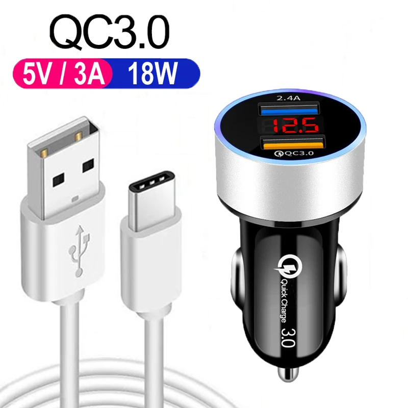 

Mobile Phone QC 3.0 Fast Car Charger Dual USB Phone Adapter For Huawei P50 P40 P30 P20 Pro Honor 10X 9X Lite USB Type-C Cables