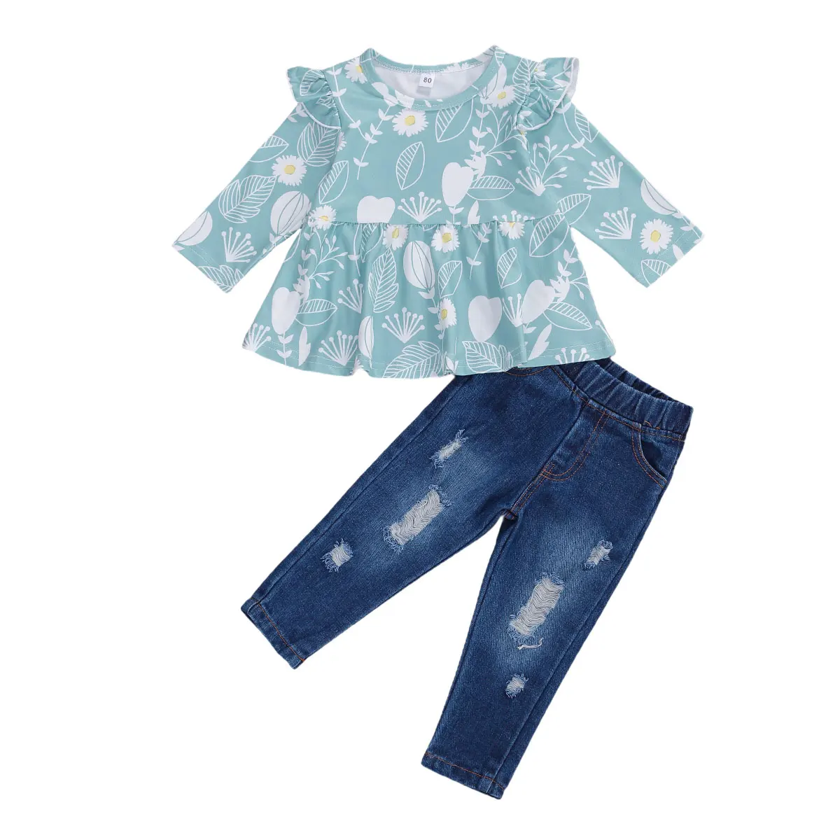 

1-5Y New Spring Autumn Toddler Baby Little Girls Set Clothing Floral Print Long Sleeve Shirt Top+Ripped Denim Pants 2Pcs Outfit