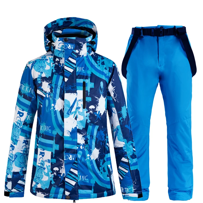 -30 Outdoor Sports Wear Men's Snow Suit Sets Snowboarding Clothing Waterproof Winter Costume Blue Ski Jackets + Bibs Pants Male