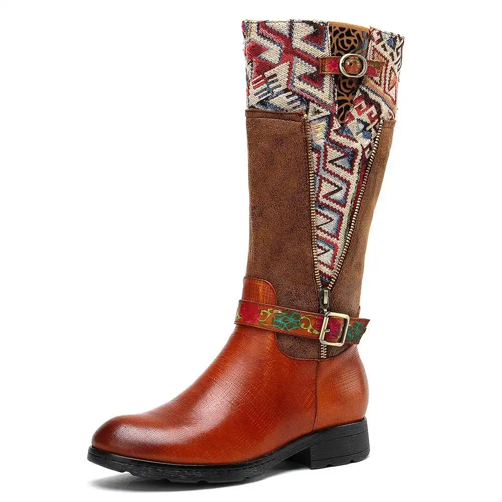 SOCOFY Botas mujer; ботинки из натуральной кожи с квадратным узором; ботинки до середины икры на мягкой плоской подошве; обувь на каблуке; женская зимняя обувь