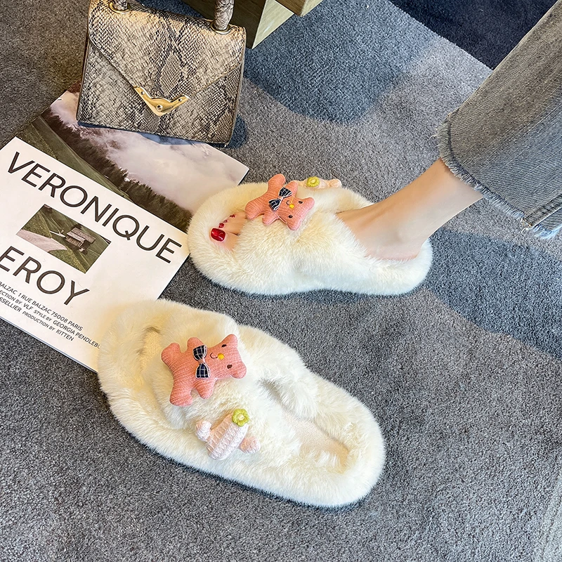 

Shoes Woman 2021 Female Slippers Butterfly-Knot Fur Flip Flops Low Luxury Slides Flock New Plush Flat Warm House Slippers Woman