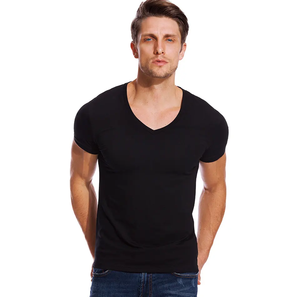 Модная облегающая Мужская Однотонная футболка с коротким рукавом и v образным