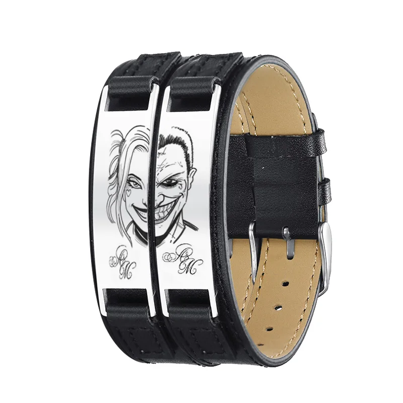 

Браслет кожаный мужской, черный, из нержавеющей стали, с гравировкой, ювелирный браслет