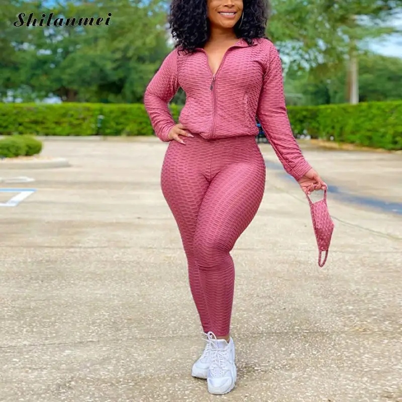 

Спортивный Повседневный комплект из 2 предметов для женщин; Большие размеры S-4XL спортивный костюм куртка на молнии с длинными рукавами Топ Л...