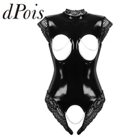 womens one piece wet look patent leather sexy lingerie high neck sleeveless open breast crotchless lace trimmed leotard bodysuit