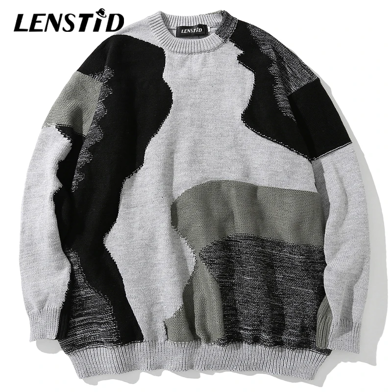 LENSTID Мужской трикотажный джемпер в стиле хип хоп камуфляжный лоскутный свитер