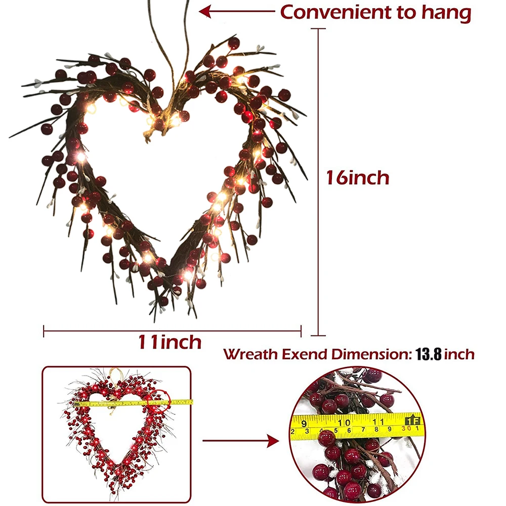 

High Valentine's Day Wreath Front Door Decorations Red Berries Heart Shaped Wreaths with 20 LED Battery Operated LG66