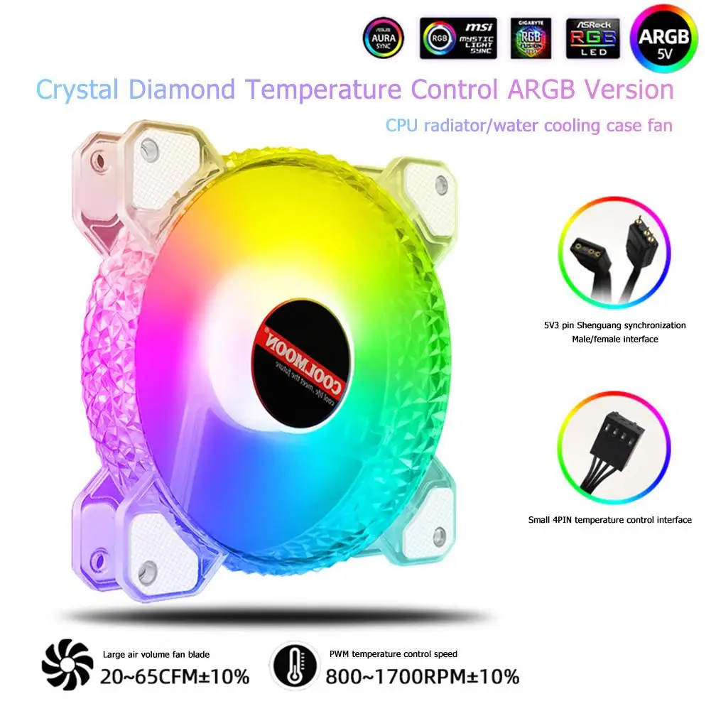 

Coolmoon Crystal Diamond ARGB CPU Cooler Fan Mute PWM Smart Temperature Control 12cm 4PIN 12V Radiator for Desktop Chassis Fan