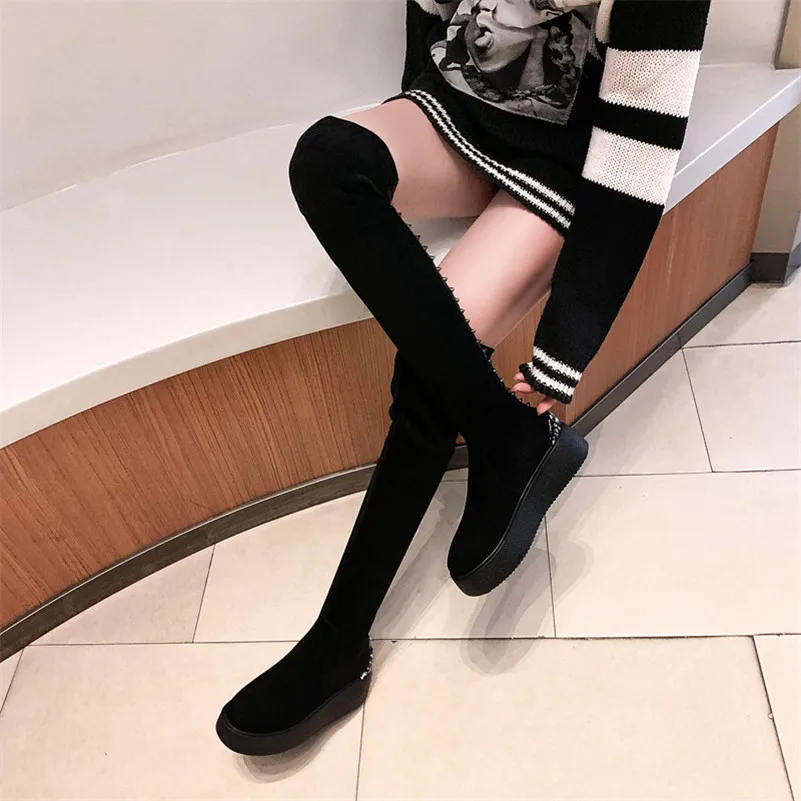 

Meotina Winter Thigh High Boots Women Kid Suede Flat Platform Over The Knee Boots Rivets Round Toe Shoes Female Black Size 34-39