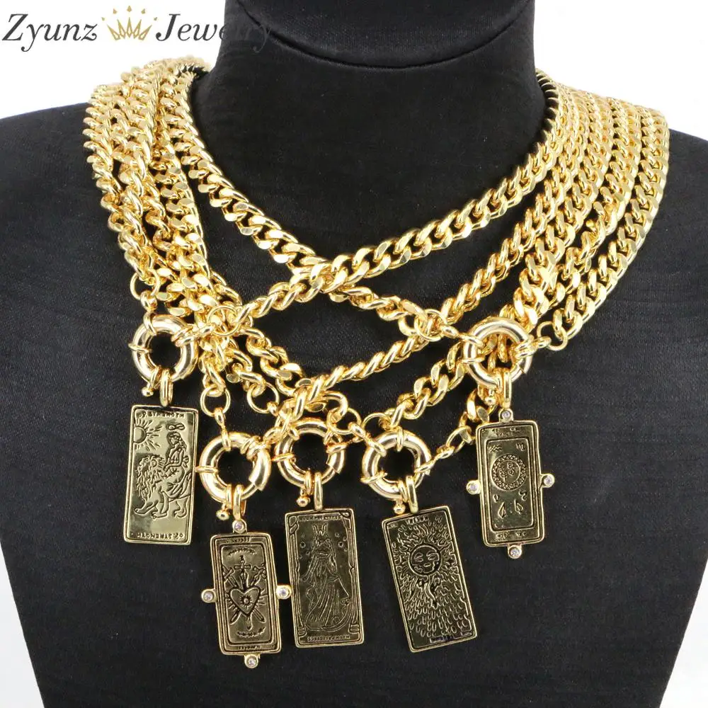 

5PCS, Ethnic Gold Color Curb Chain Choker Necklace For Women Chunky Rectangle Medallion Pendant Necklace Unisex Jewelry