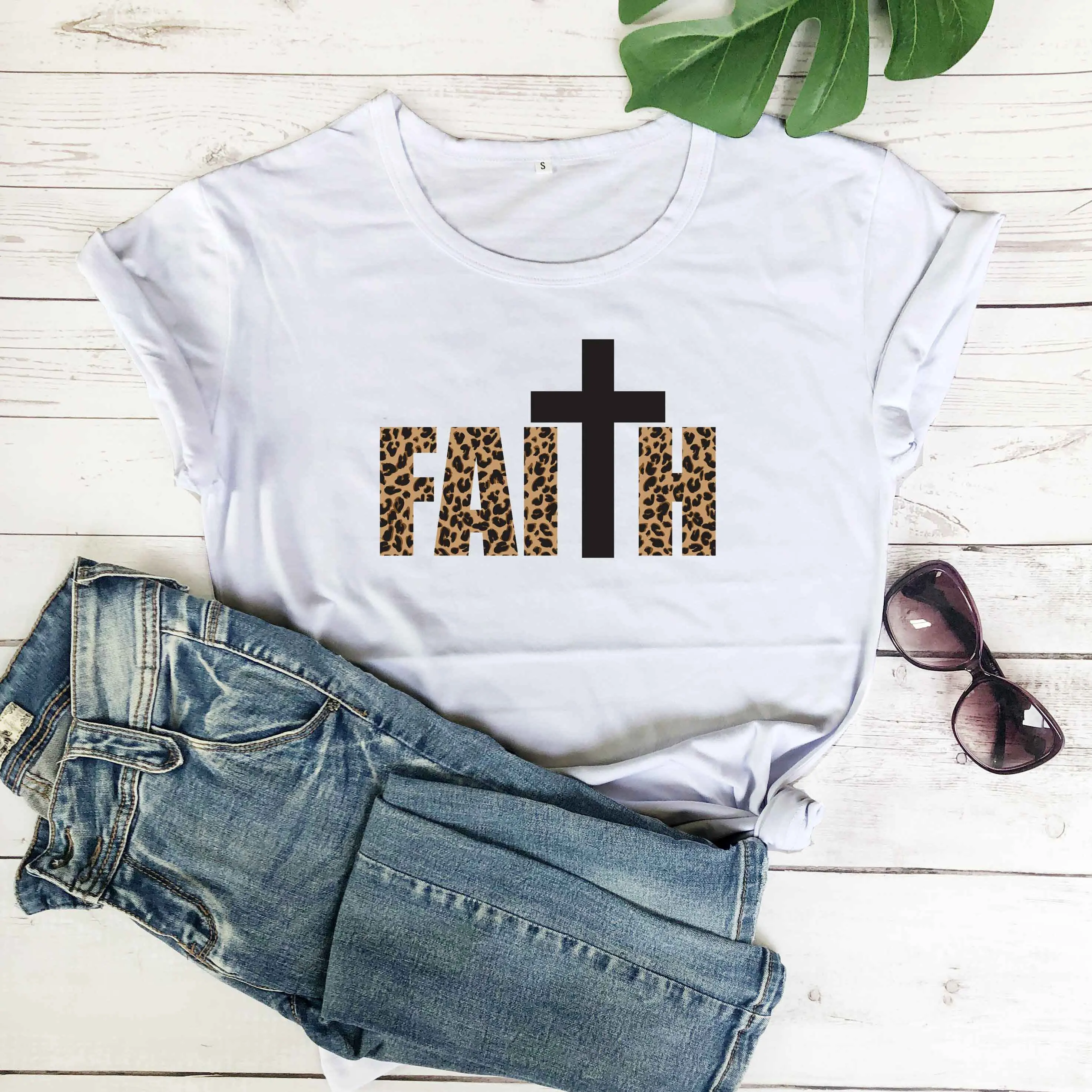 Женская футболка из чистого хлопка с принтом Креста надписью Faith|Футболки| |