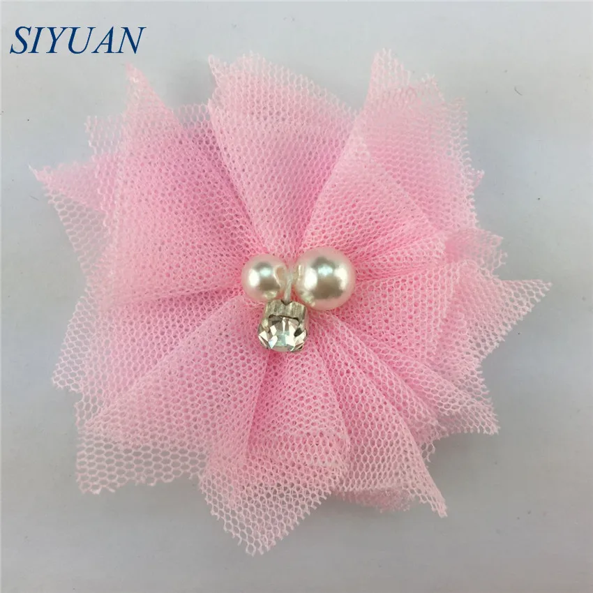 13-pink 10 шт./лот, 5 см, сетка, тюль, Fbric, цветок, стразы, для детей, жемчуг, бисер, шикарная повязка с цветами, сделай сам, аксессуары для волос F27 - Цвет: 13-pink