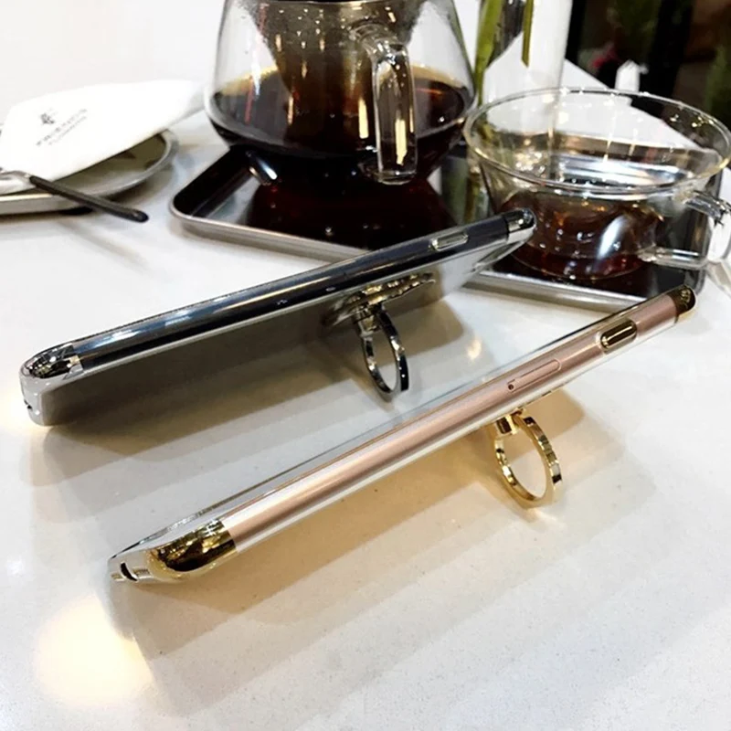 

Plating Soft Silicone Transparent Cases For iphone 11 pro X XS XR MAX 6 6S 7plus 8 Plus cute Ring Bear Holder Stand Case Cover