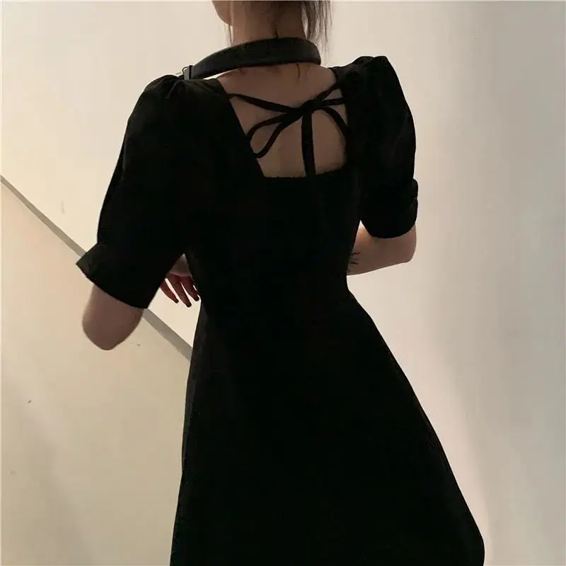 

Short Sleeve Dress Women Square Collar Puff Lacing Womens Mini Dresses Retro Fashion Chic Sweet Plus Size S-3XL High Quality New