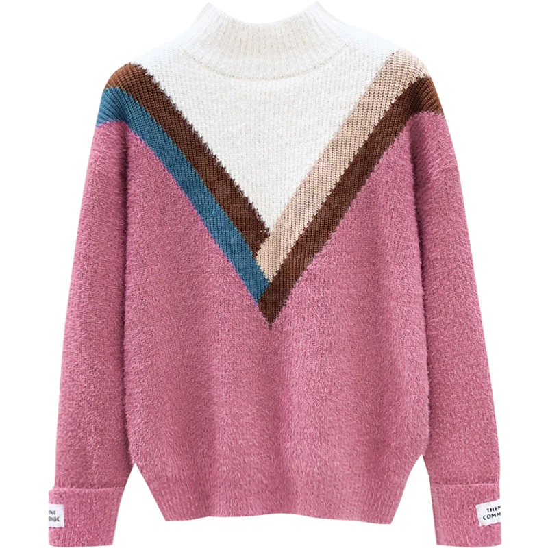 

Imitation Mink Velvet Sweater Women 2020 Autumn and Winter New Color-blocking Half High Neck Pullover Bottoming Shirt GX1427