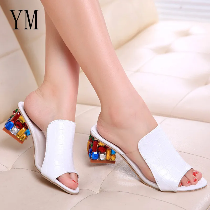 2018 brand large sizes 35 41 colorful rhinestone crystals heels peep toe summer womens shoes woman sandals slippers hot sale free global shipping