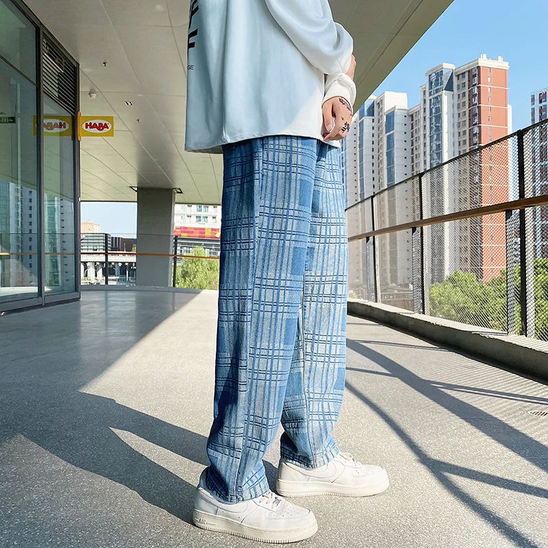 

PR Plaid Jeans Male 2021 Autumn Fashion Casual Pants Men Streetwear Loose Oversize Korean Hip Hop Trousers