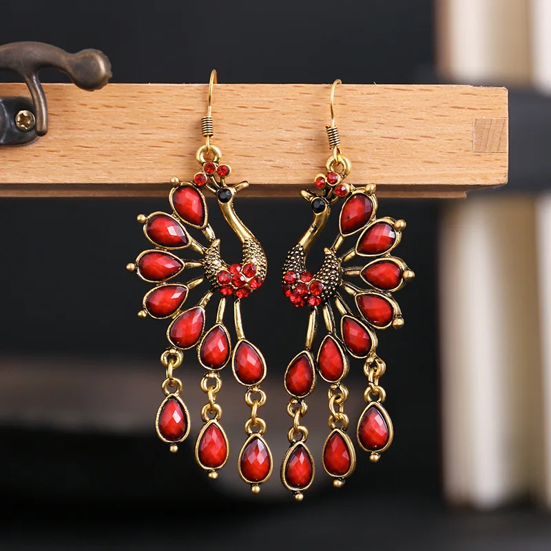 

2020 Women's Peacock Jhumka Earrings Vintage Corful Beads Indian Jewelry Turkish Carved Earrings Tribal Gypsy Jewelry