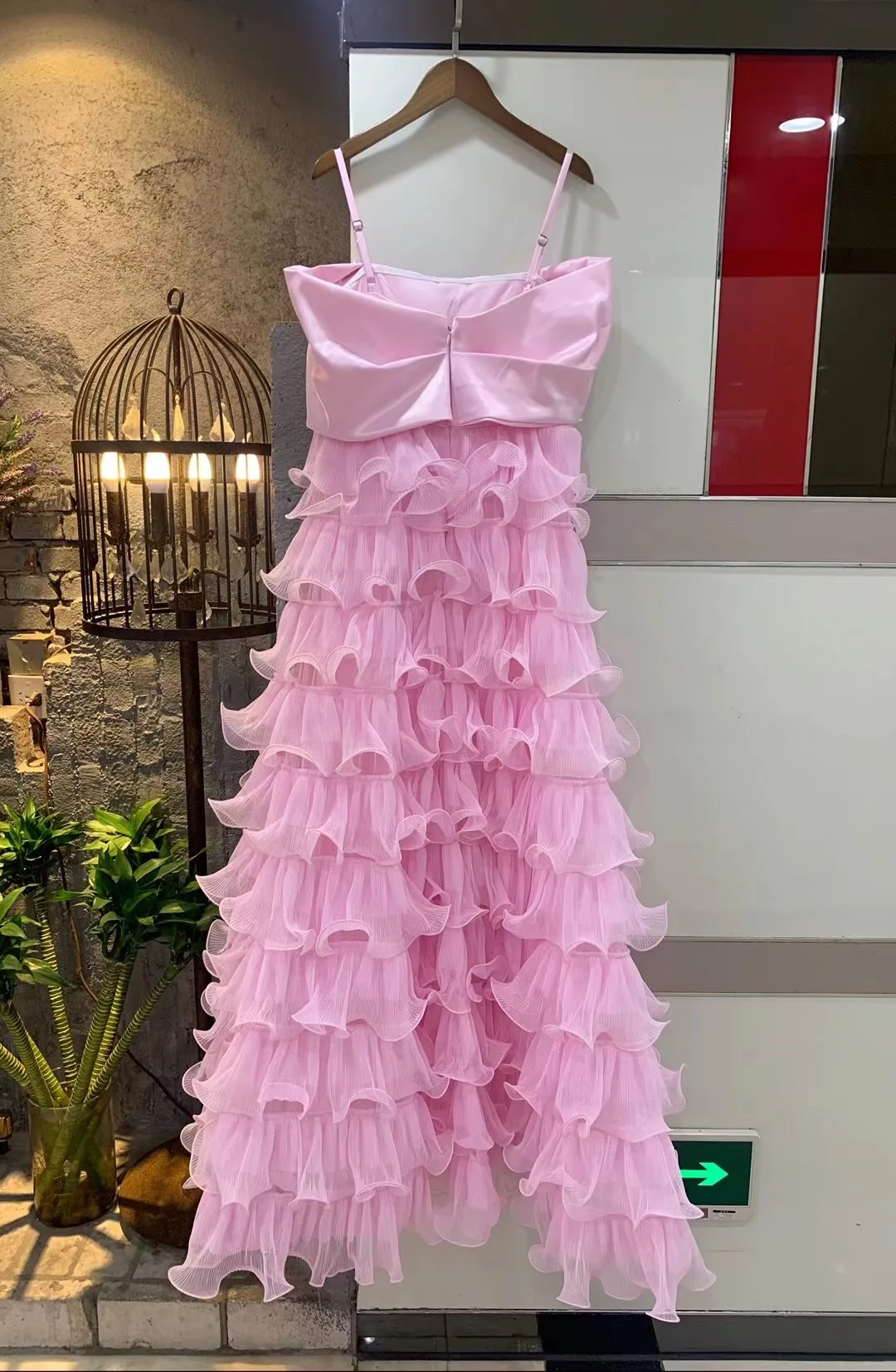 

Women Pink Spaghetti Strap Cascading Ruffle Sleeveless Backless Celebrity Sexy Evening Party Dress
