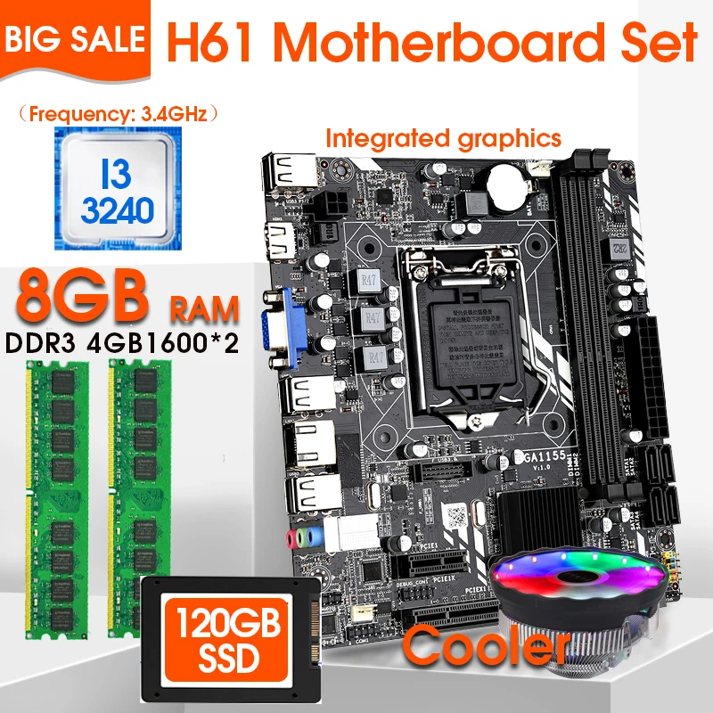 Комплект материнской платы H61M LGA 1155 с процессором I3-3240 и DDR3 2*4 Гб = 8 ГБ ОЗУ для ПК 1600